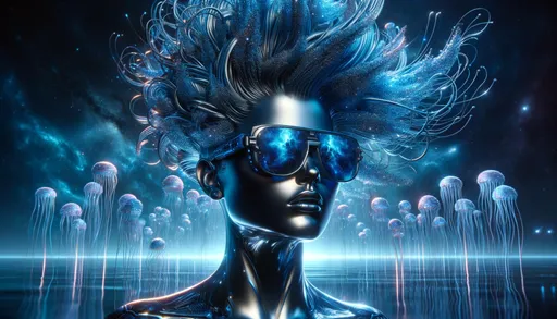 Prompt: Create a wide image that simulates a high-quality 3D render of a futuristic female figure with an innovative, dynamic hairstyle that resembles a complex structure made of shimmering blue materials. She should be wearing oversized, reflective sunglasses showcasing a nebula or starfield. The skin should appear metallic and glossy, like polished chrome, with a hint of blue to complement her overall color scheme. In the background, include ethereal, bioluminescent organisms resembling jellyfish, floating in a deep space setting. This digital artwork should have a strong sense of depth and realism, with meticulous attention to the reflective surfaces, lighting, and shadows to enhance the 3D rendered effect.