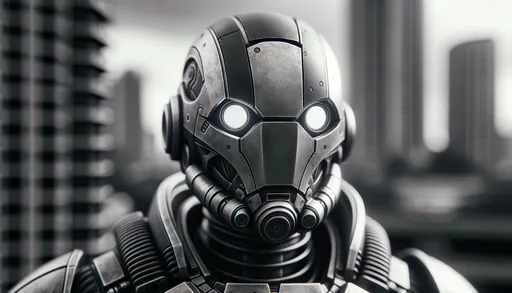Prompt: A macro photo that zooms in closely on a humanoid robot, highlighting the monochromatic tones and intricate details of its headgear and chest emblem. The image captures the texture and material of the robot as it stands against a blurred metropolitan backdrop.