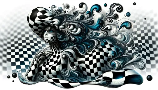 Prompt: Checkerboard lady with more complex and intricate patterns, emerging from a wavy checkerboard liquid that has dynamic and swirling designs, in wide ratio