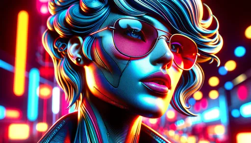 Prompt: Create a macro photography style image of a stylized woman with cyberpunk and poolcore aesthetics. She should be close up with vibrant color gradients and smooth lines that highlight the intricate details and textures, resembling a raw high-resolution photograph. The image should have a wide ratio, showcasing the subject in front of a backdrop of bright lights that complement the bold, pop art-inspired styling.