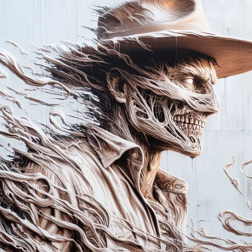 Prompt: A meticulously detailed street art mural reveals a man wearing a hat, influenced by both horror manga aesthetics and Zbrush digital techniques. The artwork is drenched in white and bronze shades, and the multilayered composition is highlighted by a strong backlight, ensuring a sharp and vibrant visual impact.