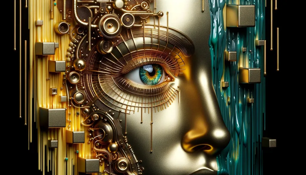 Prompt: 3D render of a woman's face, made entirely of gold, with wires intricately woven around. The eye showcases photorealistic details, while metallic rectangles hover around. The background features a blend of dark cyan and yellow, reminiscent of a futuristic Victorian era with dripping paint effects.
