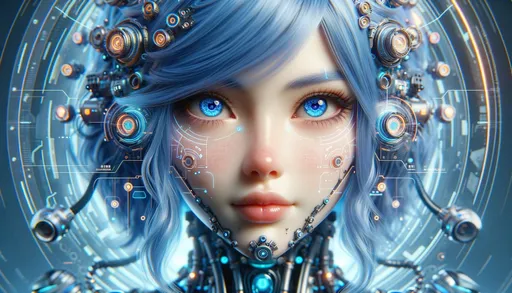 Prompt: Macro photo showcasing an up-close view of a futuristic humanoid girl with striking blue hair, her eyes reflecting advanced technology, surrounded by floating holographic interfaces and intricate machinery details in wide ratio
