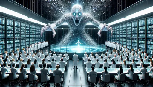 Prompt: A wide-view of a state-of-the-art lab where scientists of different backgrounds are frozen in terror. They observe an AI demon with shimmering digital patterns, about to shatter the thick glass barrier that separates it from them.