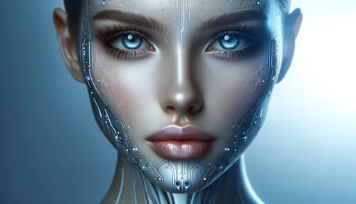 Prompt: Raw photo capturing the natural texture and details of a female android's face, illuminated in a soft blue hue. Her captivating eyes and metallic lips, combined with the intricate circuitry, present a harmonious blend of biology and technology in wide format