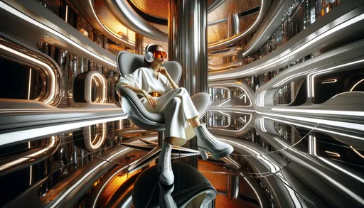 Prompt: In a wide frame, delve into a futuristic realm where a woman, dressed in avant-garde fashion, sports white headphones and striking orange visor glasses. She lounges in an ultra-modern chair, amidst a backdrop of sleek curves and luminous reflections of gold and metallic silver, painting a picture of an advanced space-age environment.