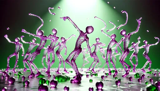 Prompt: Photo-realistic image of dancing stickmen made out of transparent purple glass tubes filled with green glowing liquid, appearing as a raw, unedited photograph with natural lighting and environment, in wide ratio