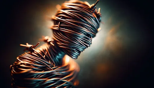 Prompt: artistic macro photography style of a barbwire copper human figurine, with an extreme close-up that artistically highlights the intricate textures and metallic reflections, employing dramatic lighting and a creative, aesthetically pleasing blurred background