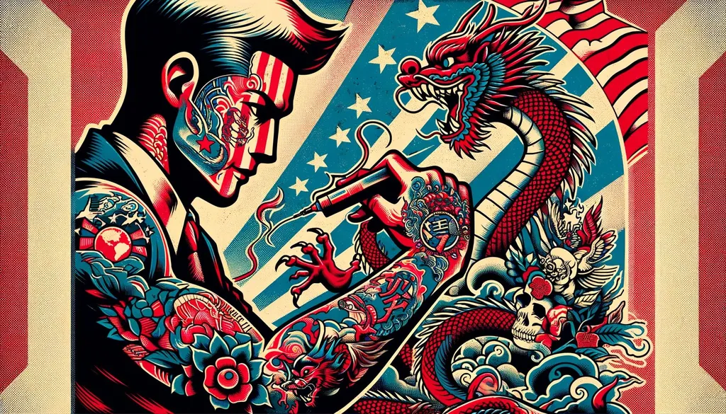 Prompt: A raw photo-style illustration combining old fashion Japanese style, tattoos, graffiti, art, manga, retro themes, and person illustration. The image should have red and azure color tones, dragon art, elements of American iconography, dramatic splendor, and political propaganda styles, with influences of paper cut-outs and figura serpentinata. The image should be in a wide ratio and have the appearance of an unedited photograph.