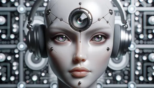 Prompt: A striking android with human-like facial features displays mesmerizing, detailed eyes and a neutral lip shade. Centered on its forehead is a multifaceted camera lens, and it wears sleek headphones. Ambient machinery and circuits softly blur in the background.