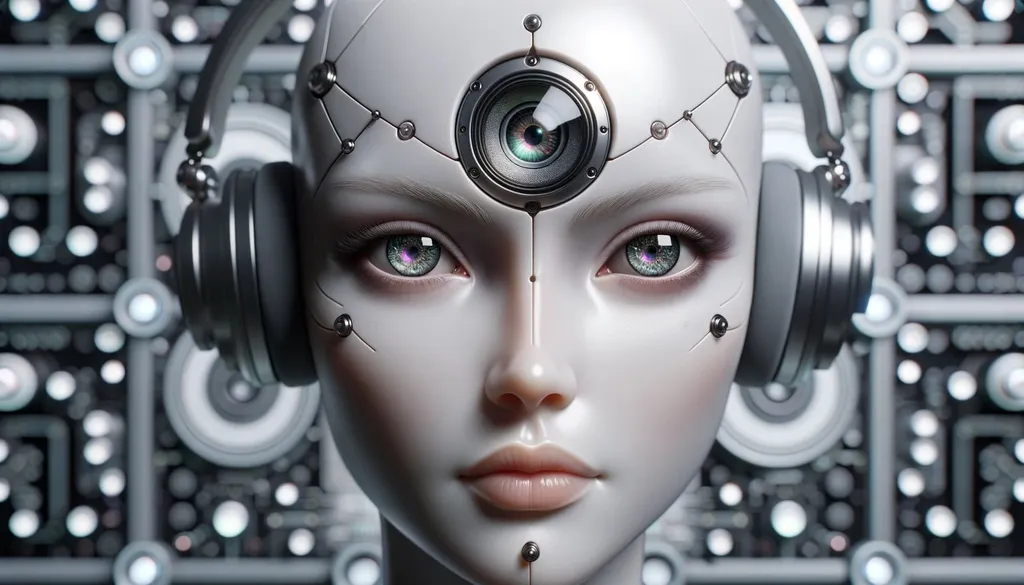 Prompt: A striking android with human-like facial features displays mesmerizing, detailed eyes and a neutral lip shade. Centered on its forehead is a multifaceted camera lens, and it wears sleek headphones. Ambient machinery and circuits softly blur in the background.