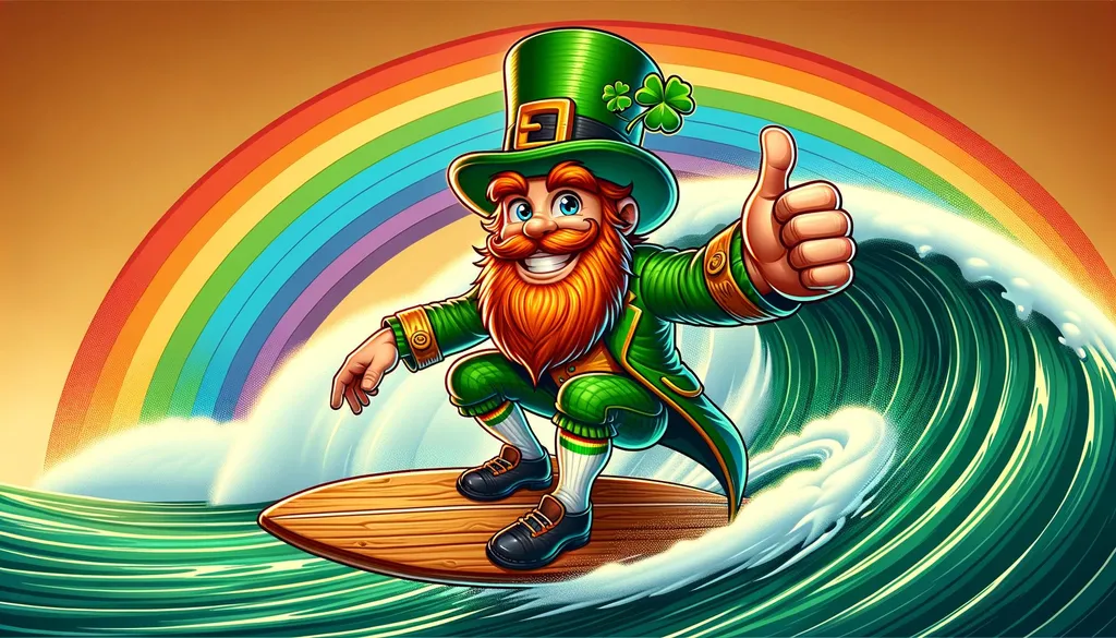 Prompt: The image depicts a jovial leprechaun with a thick orange beard, dressed in traditional green attire and hat, surfing on a wave with a rainbow behind him. He gives a thumbs up, riding a wooden surfboard with confidence.