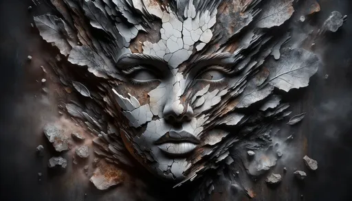 Prompt: Wide ratio UHD image of a creative woman with a face fractured in a rock face, showcasing darkly atmospheric, smooth gradient-like techniques, cracked aesthetics, metallic etherialism, highly stylized figures, and surrounded by rusty debris.