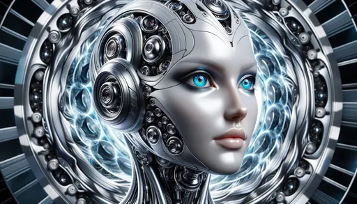 Prompt: Digital art of a female android, with her head and neck showcasing detailed mechanical components. The brilliance of her blue eyes contrasts with the metallic shades of silver and gray enveloping her. The background is a whirlpool of intricate designs, enhancing the futuristic ambiance.