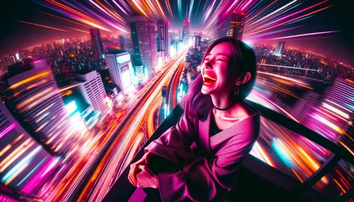 Prompt: a girl laughing at a night view, in the style of vibrant futurism, light amber and magenta, fisheye effects, vibrant movement, speed and motion, celestialpunk in wide ratio