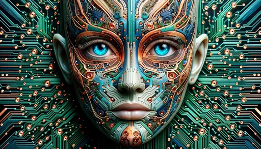 Prompt: The image showcases a captivating hybrid of a humanoid face and intricate electronic circuitry. The face, with vivid blue eyes and tribal-like markings, melds flawlessly into a complex backdrop of teal and copper-colored circuits, illustrating a symphony of biology and technology.