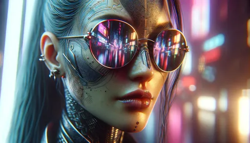 Prompt: Create a hyper-realistic macro photograph of a female figure with cyberpunk aesthetics. The image should mimic the shallow depth of field typical of macro photography, with sharp focus on the details of her face, like the textures of her skin and the reflections in her futuristic sunglasses. The background should be a blurred neon cityscape, indicative of a cyberpunk environment. The lighting should be soft and natural, highlighting the intricate designs on her face or accessories. The colors should have the rich but slightly muted tones of a raw photograph, with particular attention to the realism of the skin tones and the play of light on metallic surfaces.