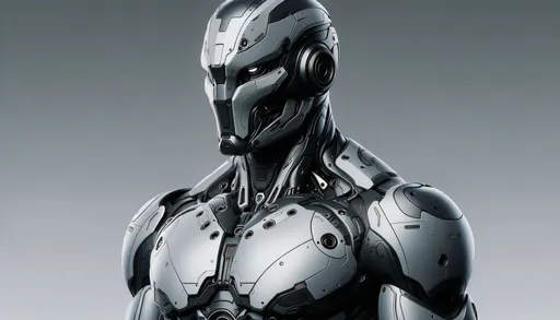 Prompt: The image showcases a futuristic robot with humanoid features. The robot possesses a sleek design, primarily in monochromatic tones, with detailed headgear and a prominent chest emblem. It stands against a gray background, emanating an aura of advanced technology in wide ratio.