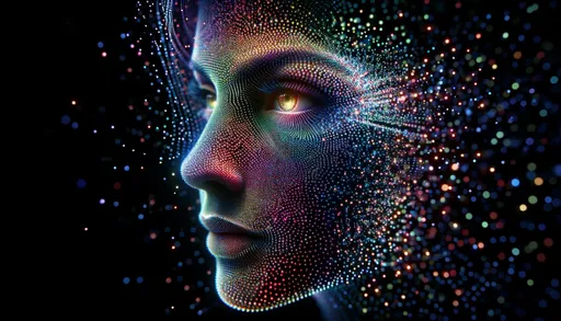 Prompt: A detailed close-up of a female face emerging from a matrix of shimmering digital dots. The face is composed entirely of vibrant, multicolored dots against a dark background. The dots should gradually become more scattered and less dense moving away from the face, giving the illusion that the face is materializing from a digital cloud. The image should have an ethereal, cybernetic aesthetic, with the dots subtly glowing as if they are tiny LEDs. The face is in profile, looking to the right, with a focus on the eye, which appears bright and lively amidst the technicolor points of light.