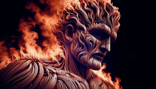 Prompt: infrared macro photo of a burning man made of wood, with intricate details of the flames and wood texture, emphasizing the grain and fiery patterns in a wide ratio