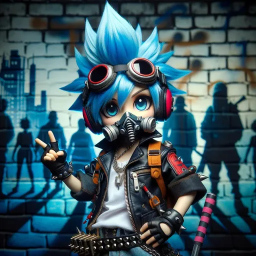 Prompt: Photograph a cosplayer dressed as a chibi-style character with a vibrant blue mohawk, large goggles, and headphones, in punk-inspired attire, posing confidently against a real urban graffiti backdrop, complete with silhouettes of city buildings and street elements.