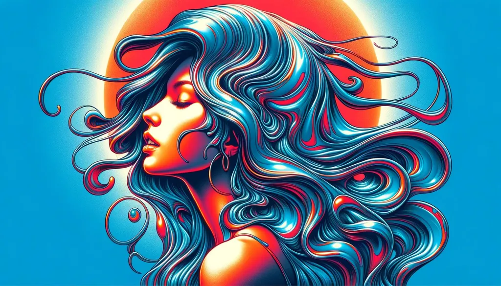 Prompt: Digital depiction of a girl with a unique hair texture that mimics flowing liquid metal. The sun's rays shine brilliantly on her, adding depth to the vivid realism. The artwork is marked by its bold lines and a striking color combination of sky-blue and red. It carries a groovy aura, with every detail rendered in hyper-realism.