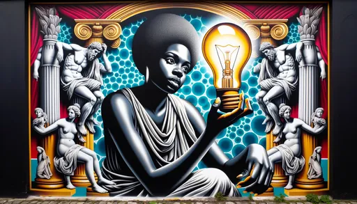 Prompt: In a wide format, a black woman clutches a luminous light bulb, with the scene rendered in an exaggerated spray paint art style. The background showcases neo-classical forms, with a poolcore theme and relief elements, adding depth to the vibrant composition.