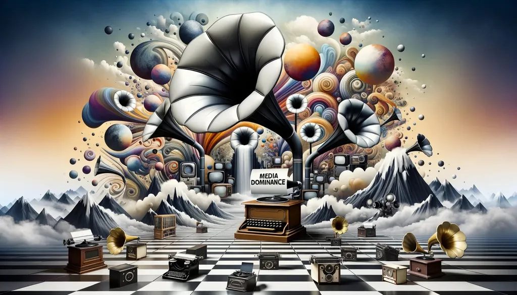 Prompt: A wide, surreal vista that encapsulates the age-old dominion of the media. The scene melds iconic vintage items like gramophones, black and white televisions, and typewriters with abstract elements. The statement 'MEDIA DOMINANCE' is accentuated in large, forceful letters.