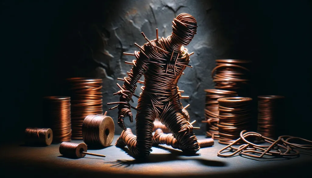 Prompt: artistic raw photo style of a barbwire copper human figurine, with dramatic lighting, shadow play, and a creatively arranged background to enhance the artistic feel, focusing on the intricate details and textures