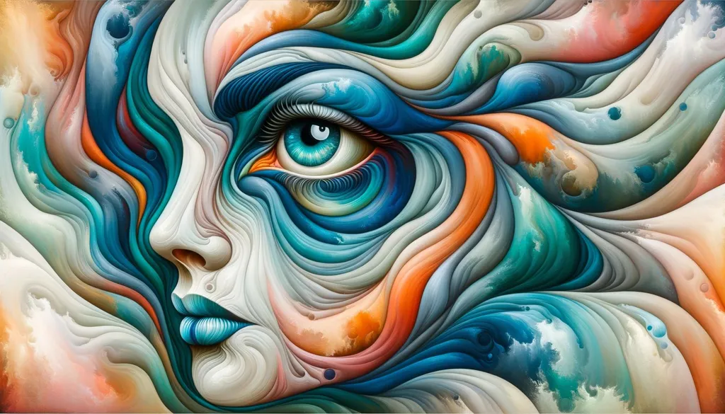 Prompt: A wide, borderless depiction of a woman's face merging with abstract elements in vibrant teal, orange, and blue. A detailed, oversized eye is prominent on the left, with the face enveloped by fluid patterns, exuding a fantastical and ethereal ambiance.