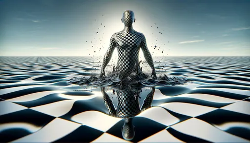Prompt: A wide-angle, detailed 3D render of a checkerboard patterned entity emerging from a reflective checkerboard liquid surface. The entity has a humanoid silhouette with a distinct checkerboard texture covering its entirety, and there's a dynamic sense of movement as if it's rising. The checkerboard liquid has ripples and droplets suspended in the air around the entity, indicating a recent surfacing. The background is an expansive void, emphasizing the surreal and isolated nature of the scene.