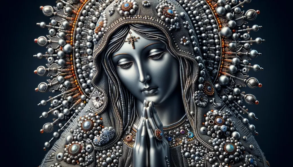 Prompt: Artistic macro photo render of the Virgin Mary made of silver beads, emphasizing close-up beadwork, creative color palettes, and artistic touches in wide format