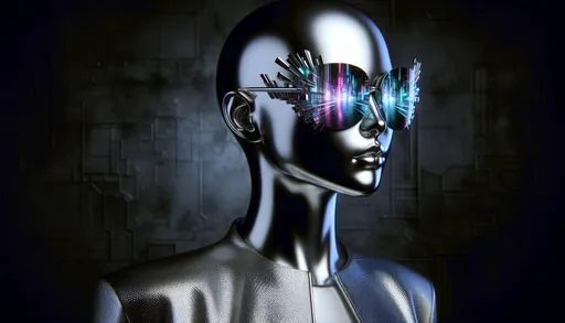 Prompt: Create an image of a female figure with a sleek, futuristic design, similar to a fashion-forward android. The figure has a chrome-like skin texture and is wearing stylized, avant-garde sunglasses made of mirrored shards reflecting a neon cityscape. Her pose is elegant and confident, set against a backdrop of a dark, textured wall that suggests a high-end, futuristic environment. The overall color palette is monochromatic, dominated by shades of silver, black, and subtle hints of neon blue and pink from the cityscape reflected in her sunglasses.