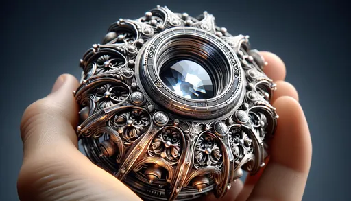 Prompt: Macro photo revealing the intricate craftsmanship of a futuristic artifact held by a person of European descent. This piece combines modern ethnic design with 8k 3d tech finishes, giving it a unique chromepunk touch. Pre-raphaelite artistry influences the item's aesthetics, and a captivating gaze feature seems to animate the artifact. Hurufiyya motifs gracefully accentuate its structure.