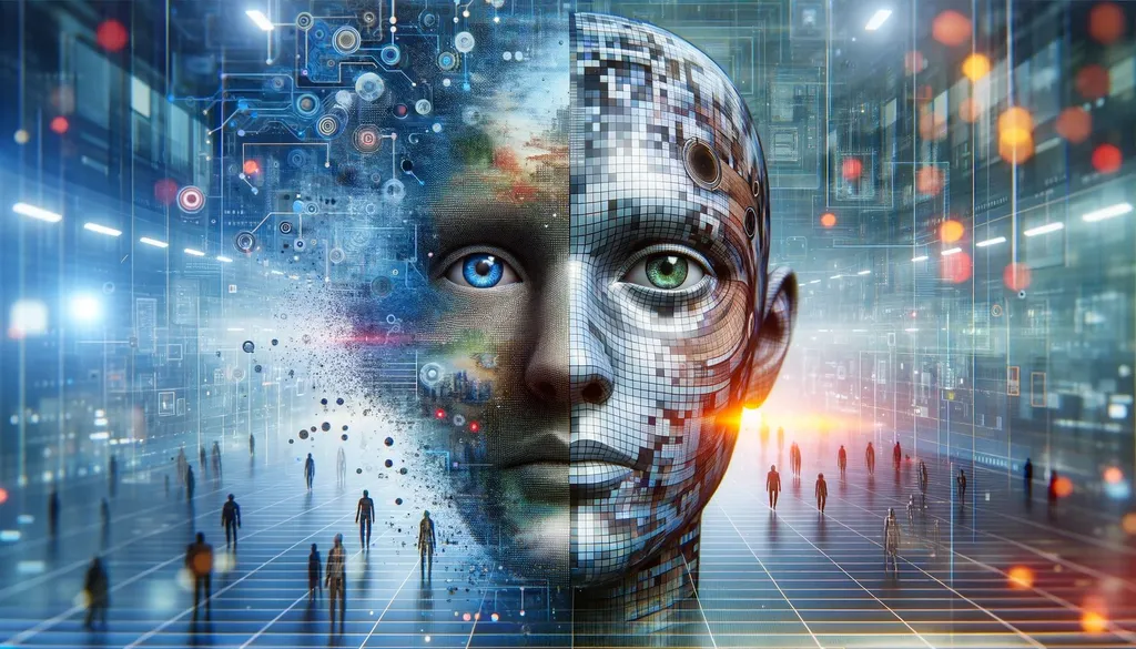 Prompt: A photorealistic image of a technology-themed abstract concept representing 'deep fake', with visual elements such as digital pixels, facial features distorted by digital effects, and a surreal environment that could symbolize the blending of real and artificial. There should be no discernible real individuals or any trademarks, in a wide image format.