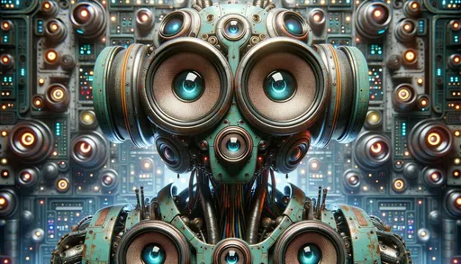Prompt: The image displays a robotic figure with large, round eyes that resemble speakers. The eyes emit a soft glow with captivating patterns. The robot's body, a combination of teal and rusted metals, is adorned with wires and mechanical details. In the backdrop, there's an array of electronic circuits and lights, suggesting a high-tech environment.