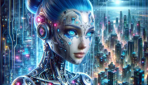 Prompt: Macro photo capturing a detailed close-up of a futuristic android girl with vibrant blue hair, her facial features revealing intricate circuits and glowing components, set against a backdrop of a technologically advanced cityscape in wide ratio