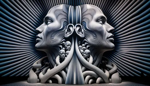 Prompt: Illustration of double faces, harmoniously merging with a striped black and white backdrop. The art piece is adorned with projection mapping patterns and exhibits the spirit of afrofuturism. Sculptures that defy logic and reason, painted in light silver and indigo, dominate the scene. The composition, influenced by video installations, boasts details reminiscent of Unreal Engine graphics, with a selective focus enhancing its allure.
