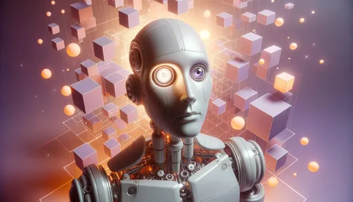 Prompt: 3D render of a luminous robotic entity, illuminated in a gentle radiance, positioned against a canvas of levitating geometric forms in muted lavender and tangerine hues. The automaton, distinguished by its expansive, emotive eyes and detailed mechanical components, emanates feelings of awe and inquisitiveness.