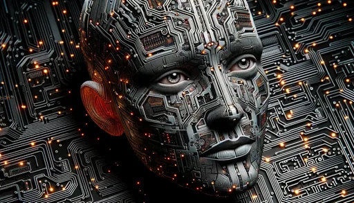 Prompt: Photorealistic 3D render of a digitalized humanoid face intricately embedded with circuit patterns and maze-like designs. The face is juxtaposed with a black background featuring contrasting electronic circuits and glowing orange highlights.