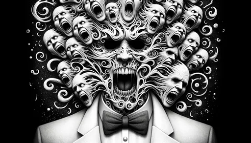Prompt: Digital art of a chilling grayscale portrait of a gentleman wearing a bowtie. His facial features, encircled by twirling designs, shatter into numerous disfigured and yelling faces, evoking a spine-chilling and dreamlike sensation.