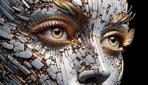 Prompt: The image showcases a close-up of a face, intricately designed with golden and metallic hues. The eyes, remarkably detailed, seem alive amidst the robotic and digital artistry. Lashes cast subtle shadows, while the fragmented metal pieces form the contours of the face.