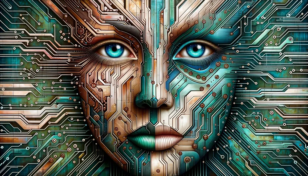 Prompt: Showcase a wide canvas that captures a face bridging the realms of humanity and electronics. With striking blue eyes and unique tribal markings, the face merges seamlessly into a complex landscape of teal and bronze-colored circuitry, exemplifying the harmony between biological and technological worlds.
