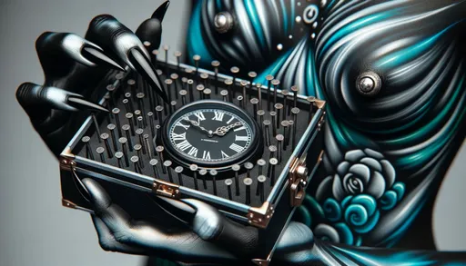 Prompt: A macro photo that zooms into the intricate details of the black box, the metal nails, and the clock, all held by a woman whose body art tells a story. The color palette of dark silver and aquamarine paints a vivid picture, reminiscent of airbrush art techniques.