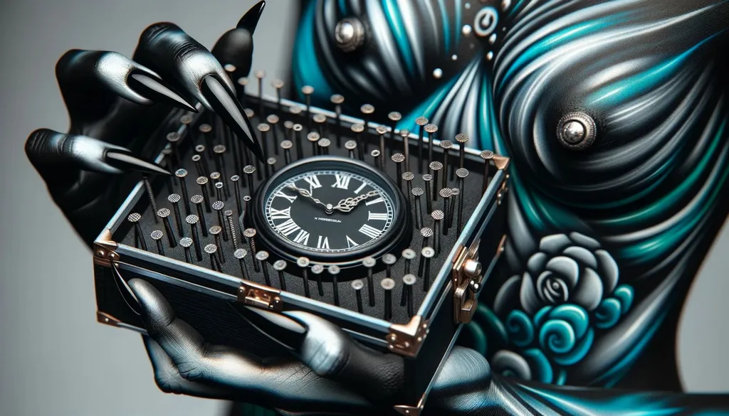 Prompt: A macro photo that zooms into the intricate details of the black box, the metal nails, and the clock, all held by a woman whose body art tells a story. The color palette of dark silver and aquamarine paints a vivid picture, reminiscent of airbrush art techniques.