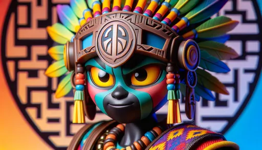 Prompt: A macro photo capturing the detailed textures and colors of an animated character in a colorful tribal outfit with a 'W' emblem headdress. The close-up shot highlights the character's dark skin, bright yellow eyes, and the intricate details of the vibrant attire against a geometric background.