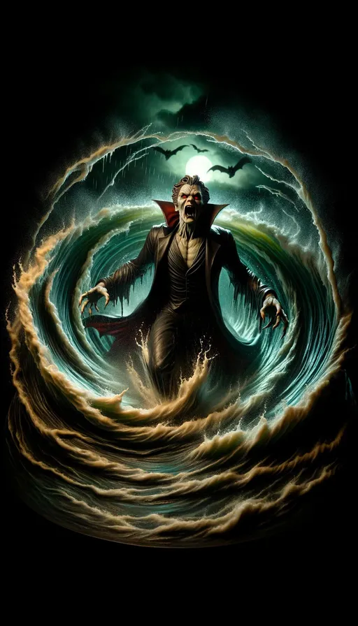 Prompt: A vampire emerging from an evil whirlpool, depicted in a tall, upright aspect ratio. The scene is dramatic and eerie, with the whirlpool swirling in dark, ominous colors. The vampire, a menacing figure with pale skin and sharp fangs, is portrayed with a sinister expression, adding to the overall feeling of dread. The background is dimly lit, enhancing the mysterious and foreboding atmosphere of the scene.