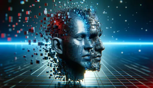 Prompt: A 3D rendering of an abstract concept symbolizing 'deep fake' technology, featuring digitalized facial features seamlessly blended with pixelated distortions and embedded in a three-dimensional, cybernetic world. The image should convey depth and volume, emphasizing the illusion of three-dimensional space, with no identifiable real-life individuals or brands, formatted in a wide aspect ratio.