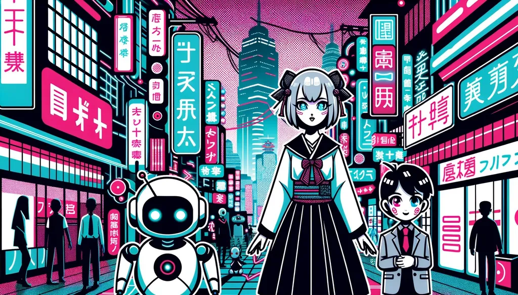 Prompt: Wide illustration showcasing an Asian-inspired cyberpunk manga setting. An artificial girl dressed in black and white becomes the centerpiece, surrounded by neon lights in shades of light blue and crimson. Robotics kids with cartoonishly exaggerated features add depth to the scene.