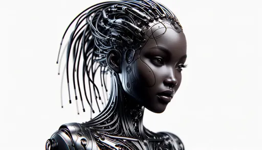 Prompt: A woman with a dark colored head and wires in her hair, styled with robotic motifs and African influence, rendered in a 3D style. She appears to be made of liquid metal, captured in high definition. Her costume is intricate, and her gaze is intense. The image is designed with algorithmic artistry, presented in a wide aspect ratio to emphasize a 3D rendered appearance.